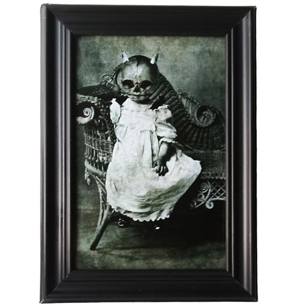 Victorian skeleton child skull head w devil horns vintage horror dark Halloween